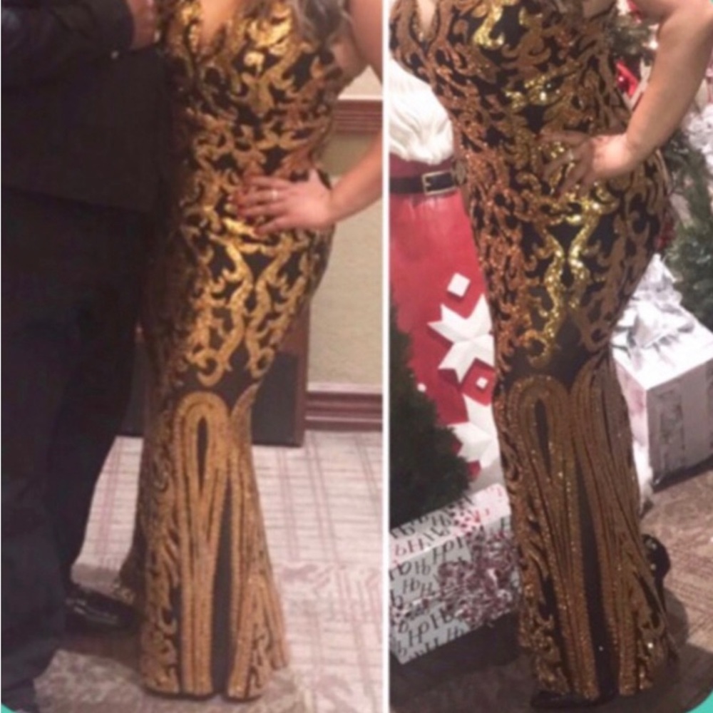 👑✅PRICE FIRM✅ Beautiful Formal Gold & Black Sequin Long Gown - Picture 6 of 13